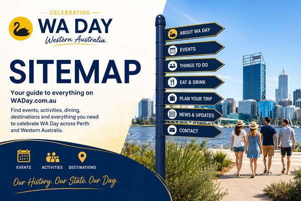 WA Day sitemap feature image showcasing Perth skyline, WA Day website navigation and Western Australia celebrations